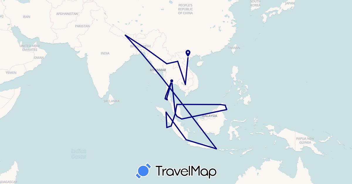 TravelMap itinerary: driving in Indonesia, Cambodia, Laos, Malaysia, Nepal, Singapore, Thailand, Vietnam (Asia)